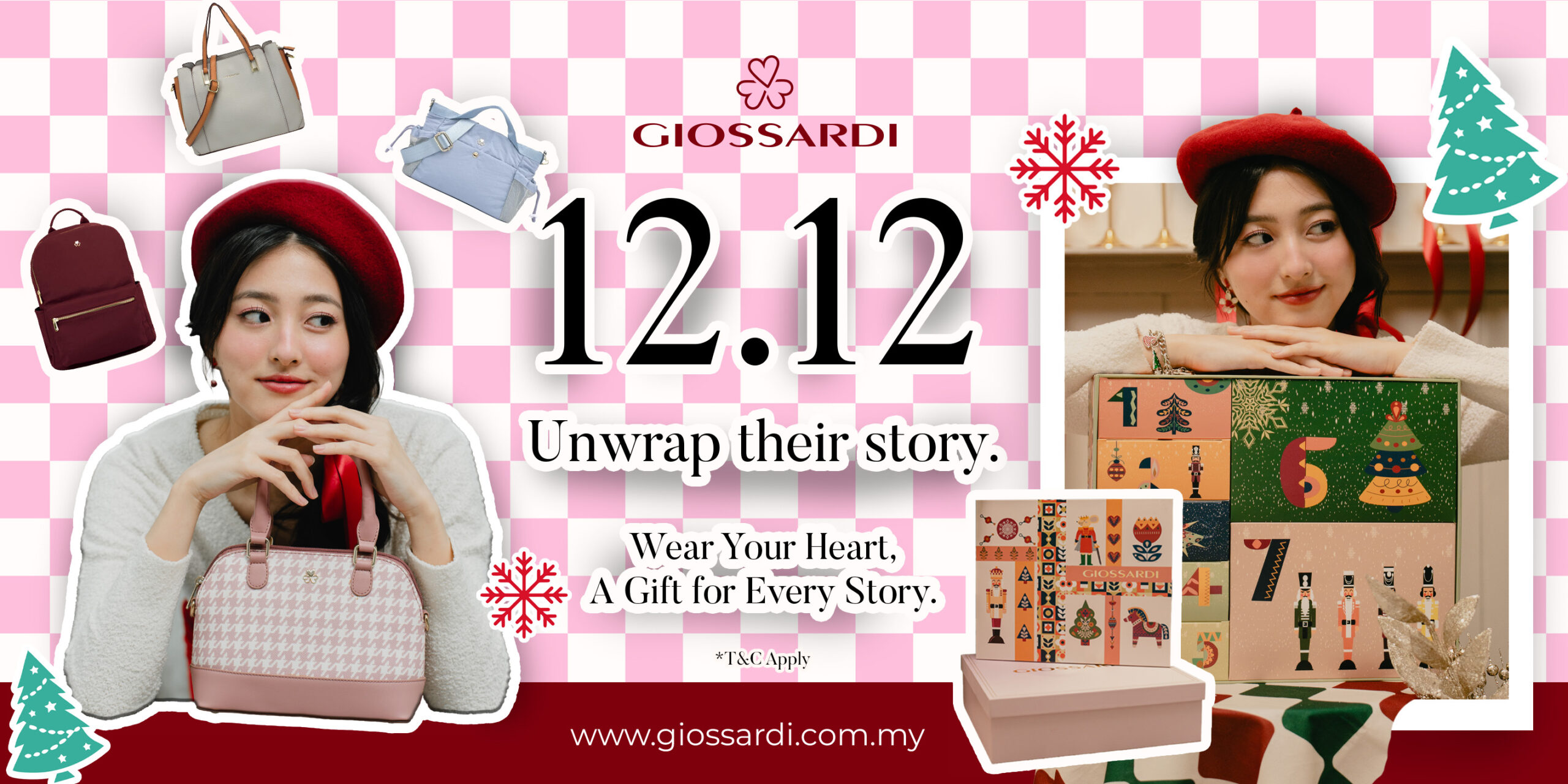 GIOSSARDI Christmas Giftbox package showing a customizable bag, wallet for women, and charm inside festive packaging for RM250.