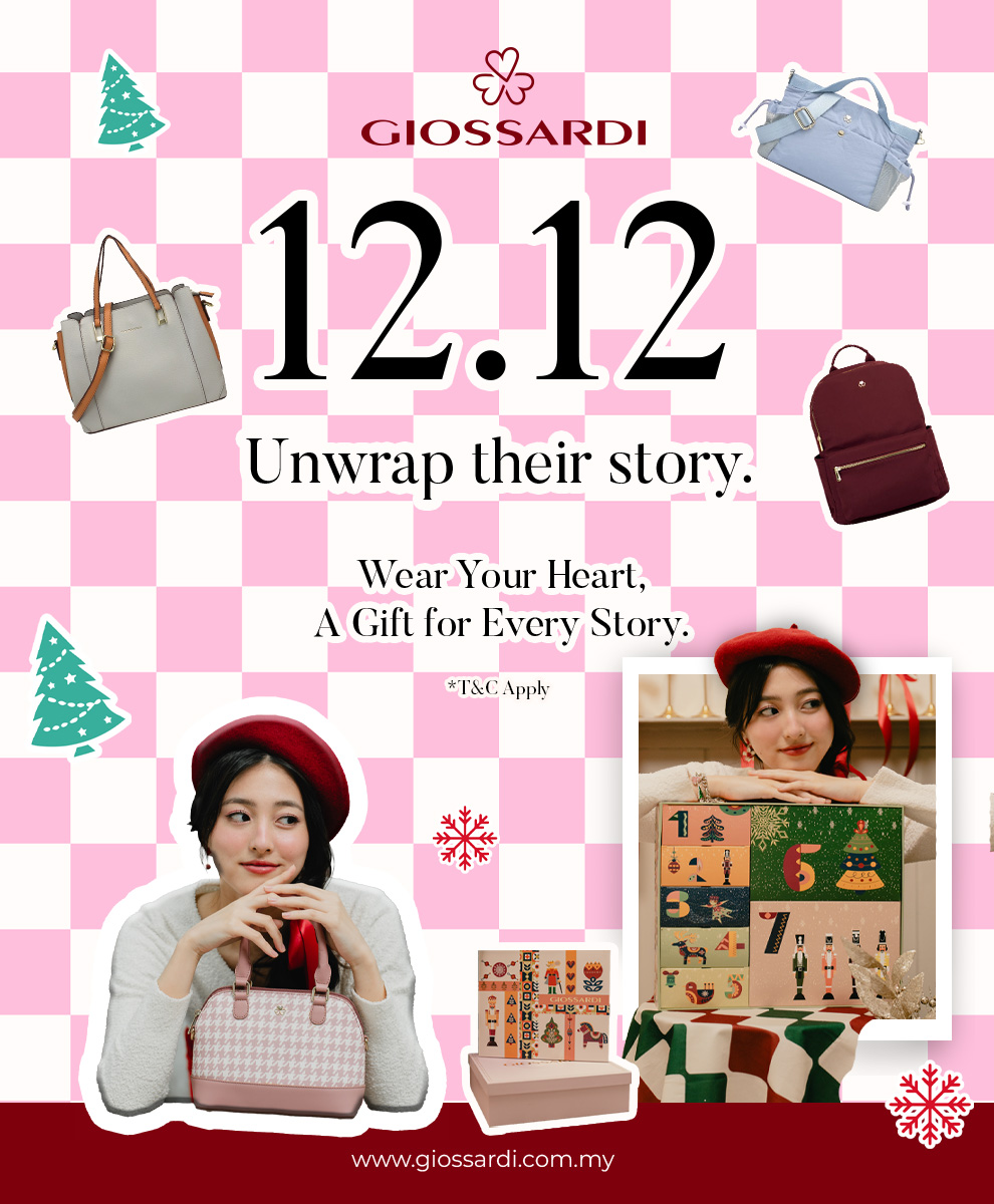 GIOSSARDI Christmas Giftbox package showing a customizable bag, wallet for women, and charm inside festive packaging for RM250.