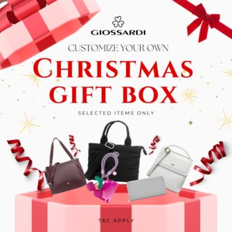 GIOSSARDI Christmas Giftbox package showing a customizable bag, wallet for women, and charm inside festive packaging for RM250.