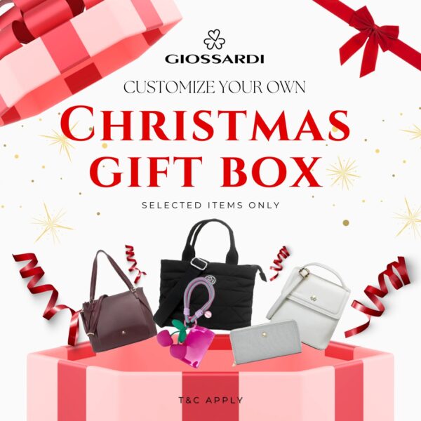 GIOSSARDI Christmas Giftbox package showing a customizable bag, wallet for women, and charm inside festive packaging for RM250.